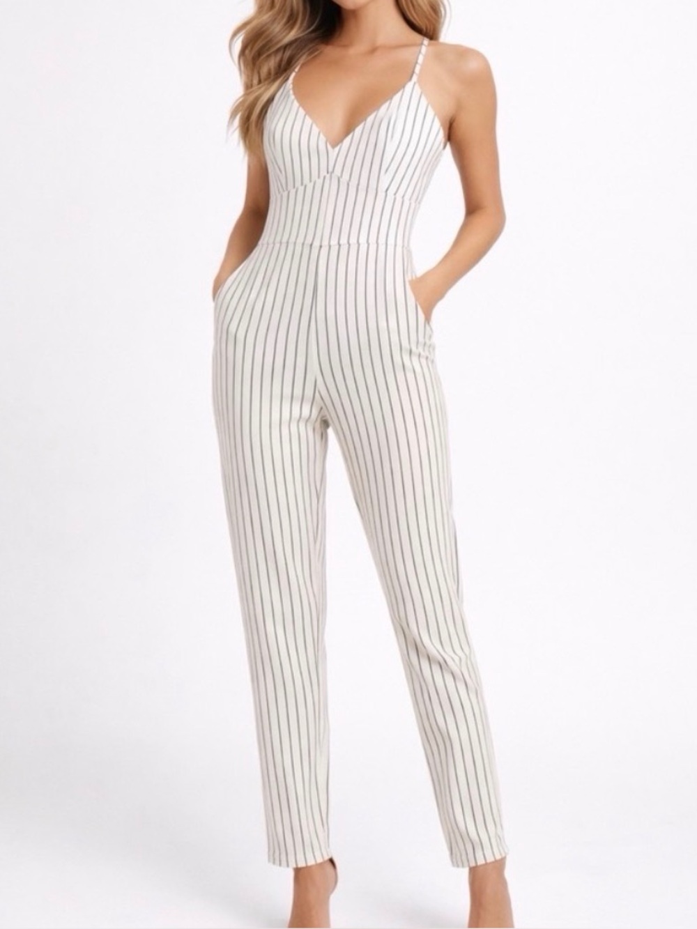 Ivory Pinstripe Jumpsuit women’s Small Spaghetti Strap Slim Fit (A379)✨